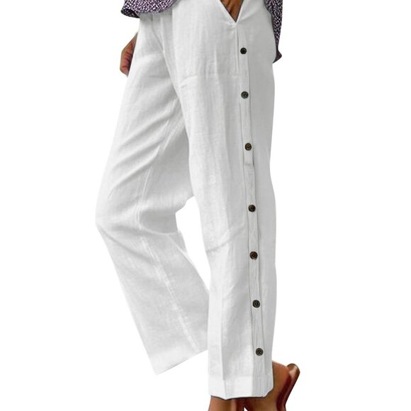 Side Decor Button Casual Wide Leg Pants - Picture 3 of 4